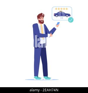 Wohnung Cartoon Mann Charakter bestellen Taxi mit mobilen App, Vektor-Illustration Konzept Stock Vektor