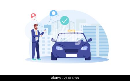 Wohnung Cartoon Mann Charakter bestellen Taxi mit mobilen App, Vektor-Illustration Konzept Stock Vektor