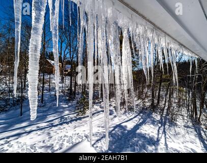 Connecticut, USA, 8. Februar 2021 - Eiskellen, die an einem verschneiten Wintertag gegen die aufgehende Sonne vom Dach eines Hauses hängen. Kredit: Enrique Shore/ Stockfoto