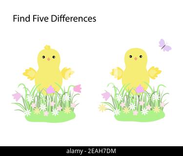 Finden Sie die Unterschiede pädagogische Aktivität für Kinder, Ostern Huhn Lernspiel, einfache Cartoon Bauernhof Tier Vektor Illustration Arbeitsblatt Stock Vektor