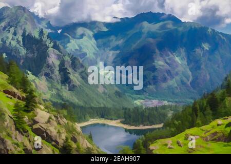 Digitale Malerei einer Luftaufnahme des Antrona-Sees im Nationalpark Antrona-Tal, Piemont, Italien. Stockfoto