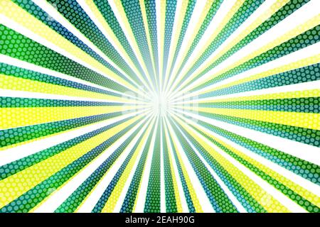 Pop Art bunte Comics Buch Magazin Cover. Gestreifter Regenbogen Hintergrund. Grün und gelb Cartoon lustige Retro-Muster Streifen Nachbau. Vektorhalbton Stock Vektor