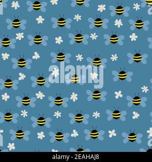 Nahtloses Muster mit Bienen und Blumen auf beigem Hintergrund. Liebenswert Cartoon Wespen Zeichen. Vorlage Design für Einladung, Karten, Textil, Stoff Stock Vektor
