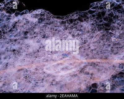 Abstraktes Muster aus Seifenschaum. Macro Shot Seifenschaum Struktur mit weichem Fokus. Stockfoto