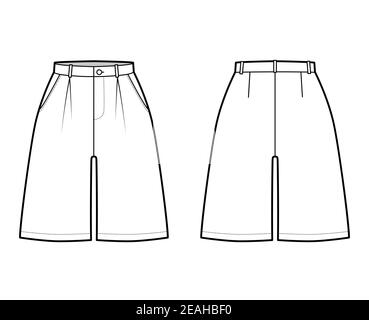 Kurze baggy Bermudas Kleid Hose technische Mode Illustration mit über-Knie-Länge, Single Falte, normale Taille, hoher Bund. Flacher Boden Schablone vorne, hinten weiß Farbe Stil. Frauen, Männer CAD-Modell Stock Vektor