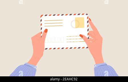 Hände halten Umschlag. Korrespondenz- und Postzustellungskonzept. Draufsicht. Briefmarken und Postkarten. Vektor-Illustration in flachen Cartoon Stock Vektor