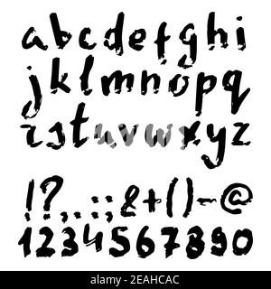 Grungy handgeschriebene Schriftart, kritzelte englische Buchstaben, Zahlen und Satzzeichen. Alte Grunge-Schrift. Englisches Alphabet in Kleinbuchstaben mit Distressed te Stock Vektor