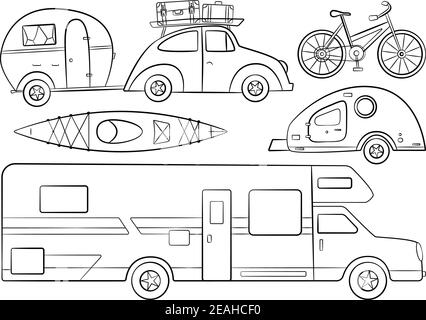 Skizzenanhänger für Camping-Tourismus, Doodle-Set von Transport für Freizeit und Abenteuer, Doodle Fahrrad und Kanu. Vektorgrafik Stock Vektor