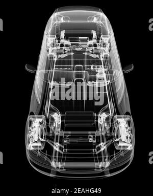 Röntgen von Elektroauto mit Chassis. 3D Abbildung Stockfoto