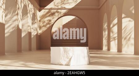 Minimal Premium Podium aus Naturstein auf beigem Hintergrund mit Sonnenschutzschatten. Minimaler ModellHintergrund für Produktpräsentation. 3D Rendering Kosmetik Promotion Mockup. Stockfoto
