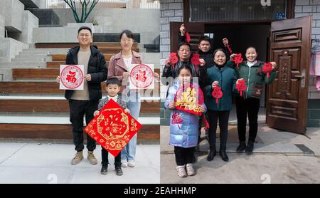 (210210) -- SHANGHAI, 10. Feb. 2021 (Xinhua) -- Dieses Combo-Porträt des Spring Festival Family Reunion besteht aus zwei Teilen: Die linke Hälfte, aufgenommen von Ding Ting, zeigt Yang Xiakun, der mit seiner Frau und seinem Sohn auf einer Baustelle posiert, auf der Yang am 9. Feb. 2021 im ostchinesischen Shanghai arbeitet; Die rechte Hälfte, aufgenommen von Xiao Yijiu, zeigt Yang Xiakuns Vater Yang Liehua (1st L, mittlere Reihe), Mutter Xu Xingzhi (2nd R), Schwester Yang man (1st R), Schwager Wan Li (3rd R) und Nichte Xu Xiyang, die am 8. Februar im Haus der Familie in Wuhan, der zentralchinesischen Provinz Hubei, posiert. 2021. Das Frühlingsfest ist einfach nur aroun Stockfoto