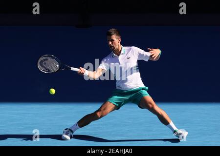 Melbourne, Australien. Februar 2021, 10th. 1st Seed Novak DJOKOVIC aus Serbien im Einsatz gegen Frances TIAFOE aus den USA in einem 2nd-Runden-Spiel am 3. Tag der Australian Open 2021 in der Rod Laver Arena in Melbourne, Australien. Sydney Low/Cal Sport Media. Kredit: csm/Alamy Live Nachrichten Stockfoto