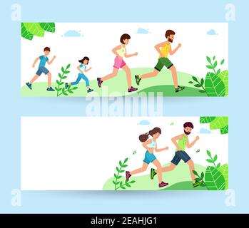 Fröhliche Familie auf Jogging Banner. Vater, Mutter, Tochter und Sohn laufen im Park herum. Gesunder, aktiver Lebensstil. Sportliche Charaktere. Banner in m Stock Vektor