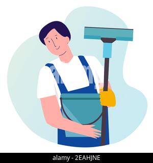 Reinigungsservice Männer halten Besen Eimer mit Cartoon flachen Stil Stock Vektor