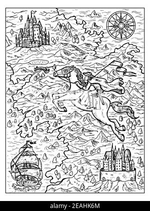 Schwarz-weiß marine Illustration von alten Karte mit Fahrer, Kompass, Segelboot und Fantasy Land mit Inseln. Vektor nautische Zeichnungen, Abenteuer concep Stock Vektor