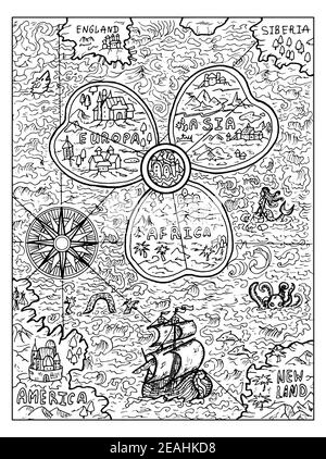 Schwarz-weiß marine Illustration der alten Karte der Welt mit Windrose und Segelboot oder Schiff. Vektor nautische Zeichnungen, Abenteuer-Konzept, Färbung Stock Vektor