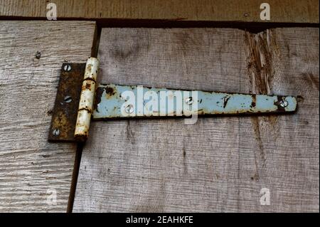 Ein altmodisches Scharnier an einer rustikalen Holztür Stockfoto