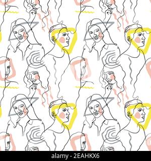 Nahtloses Muster mit einzeiliger Zeichnung von Frau Porträt mit abstrakten geometrischen Formen. Weißer Hintergrund Stock Vektor