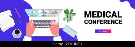 Hände mit Laptop Arzt diskutieren mit Mischung Rennen Kollegen auf Screen Ärzte mit medizinischen Konferenz Medizin Gesundheitswesen Online-Kommunikation Konzept Horizontale Vektordarstellung im Hochformat Stock Vektor