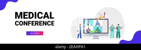 Team von Ärzten mit Video-Konferenz-Mix Rennen medizinischen Spezialisten Diskussion während der virtuellen Sitzung Medizin Gesundheitswesen Konzept horizontale volle Länge vektorgrafik Stock Vektor