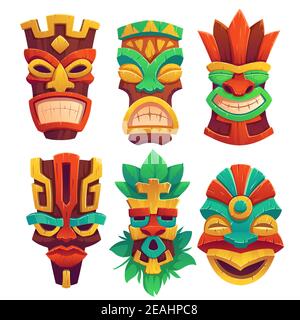 Tiki-Masken, Tribal-Totems aus Holz, Attribute im hawaiianischen oder polynesischen Stil, gruselige Gesichter mit toothy Mund, dekoriert mit isolierten Blättern auf weißem Hintergrund. Cartoon Vektorgrafik, Symbole gesetzt Stock Vektor