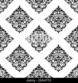 Geometrische Arabeske nahtlose schwarz-weiße Silhouette Muster mit verzierten Florale rautenförmige Motive in weißen Bordüren Stock Vektor