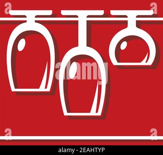 Pub oder Bar Symbol mit der sauberen Gläser hängen Trocknen in einem Rack bereit, Kunden zu bedienen, Vektor-Umriss Illustration auf rot Stock Vektor