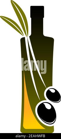 Olivenöl-Ikone mit einer Flasche und zwei frischen schwarzen Oliven mit Blättern für natürliches natives Olivenöl, Vektorgrafik Stock Vektor