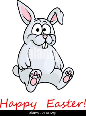 Niedliche kleine graue Happy Easter Hase Grußkarte Design mit einem kleinen Kaninchen sitzen Blick auf den Betrachter über rot Happy Easter Text, Vektor-Illust Stock Vektor