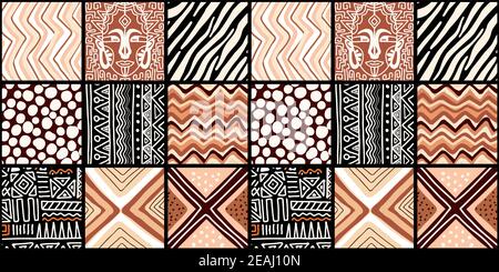 ETHNISCHES TRENDMUSTER. LACKIERUNG IN AFRIKANISCHEM STIL. MUSTER NAHTLOS AFRIKANISCH. TRADITIONELLES MUSTER. PRIMITIVE MINIMALE HANDZEICHNUNGEN. Vektorgrafik. Mode Stockfoto