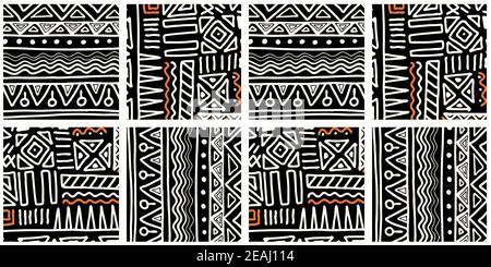 ETHNISCHES TRENDMUSTER. LACKIERUNG IN AFRIKANISCHEM STIL. MUSTER NAHTLOS AFRIKANISCH. TRADITIONELLES MUSTER. PRIMITIVE MINIMALE HANDZEICHNUNGEN. Vektorgrafik. Mode Stockfoto