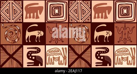 ETHNISCHES TRENDMUSTER. LACKIERUNG IN AFRIKANISCHEM STIL. MUSTER NAHTLOS AFRIKANISCH. TRADITIONELLES MUSTER. PRIMITIVE MINIMALE HANDZEICHNUNGEN. Vektorgrafik. Mode Stockfoto