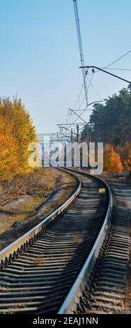 Die Bahn führt durch einen schönen Herbstwald mit bunten Bäumen. Stockfoto