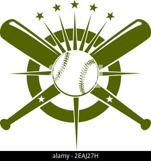 Baseball-Meisterschaft Symbol oder Emblem mit einem Ball und gekreuzt Fledermäuse auf einem Kreis mit strahlenden Sternen in olivgrün Auf Weiß Stock Vektor