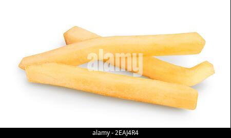 Pommes Frites oder Bratkartoffeln isoliert auf weißem Hintergrund mit Schneideweg und voller Schärfentiefe. Stockfoto