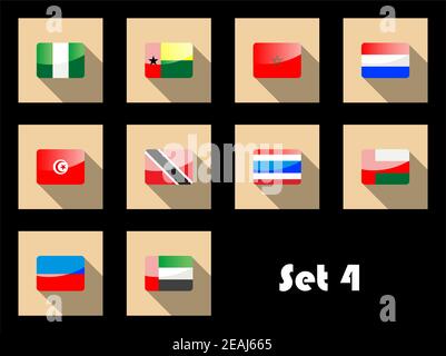 Flaggen von Nigeria, Guinea-Bissau, Marokko, Tunesien, Trinidad, Thailand, Vereinigte Arabische Emirate, Oman und Niederlande auf flachen Symbolen Stock Vektor