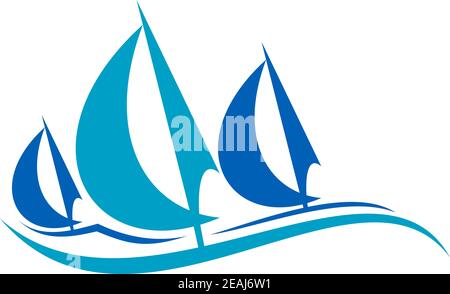 Stilisierte blaue Segelboote oder Yachten auf den Wellen des Ozeans Teilnahme an einem Offshore-Rennen, Vektor-Illustration isoliert auf weiß Stock Vektor