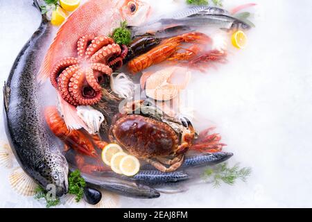 Blick von oben Frische Meeresfrüchte auf Eis Hintergrund mit Copyspae Stockfoto
