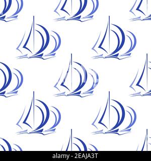 Nahtloses Muster von blauen Segelbooten oder Yachten auf See mit Wowing Segel im quadratischen Format geeignet für nautische Tapete oder Textil Stock Vektor