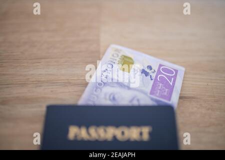 Zwanzig schwedische Kronen-Banknote innerhalb einer Vereinigten Staaten von Amerika Reisepass Stockfoto