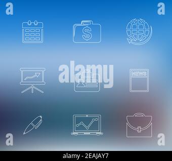 Satz von Linie Zeichnung Business-Symbole, die einen Kalender, Aktentasche mit Dollar, Globus, Grafiken, Namensschild, Zeitung, Stift und Laptop auf einem blauen Abstract Stock Vektor