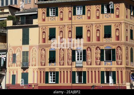 Detail der bunten Pastell Häuser im Meer Dorf von Portofino, Ligurien, Italien Stockfoto