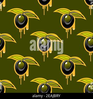 Wiederholen Sie Hintergrund nahtlose Muster von frischen Oliven mit zwei Blättern Goldenes Olivenöl im quadratischen Format auf einer Olive tropfend Grüner Hintergrund Stock Vektor