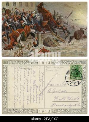 Deutsche historische Postkarte: Die Explosion der Brücke der Elster erfüllt die zurückziehenden französischen Truppen. Rückseite mit Briefmarke und Poststempel Stockfoto