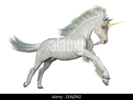 3D-Rendering Märchen weißes Einhorn auf Weiß Stockfoto