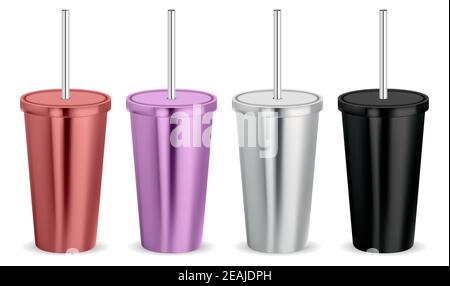 Tumbler-Mockup. Kaffeeglas, Edelstahl Thermobecher mit Deckel und Schlauch. Becher aus schwarzem Metall, blank, Thermoflasche. Metallschüttler Design, reusabl Stock Vektor