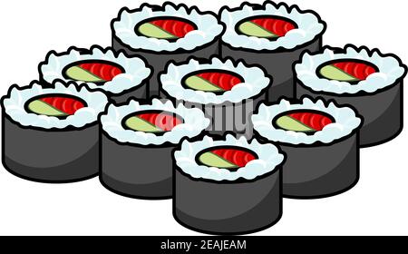 Serviert köstliche Meeresfrüchte Sushi in Reis und Algen für gesunde japanische Küche verpackt, Karikatur Illustration Stock Vektor