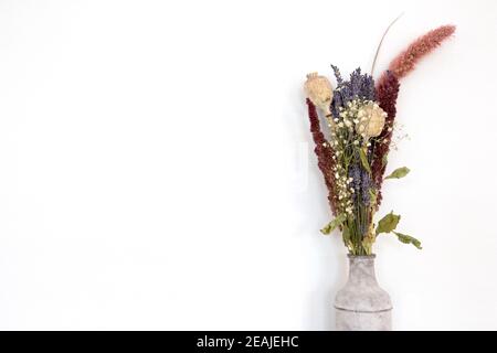 Graue Betonvase mit hellen getrockneten Blumenstrauß vor der weißen Wand moderne Dekoration von zu Hause, kopieren Raum Stockfoto