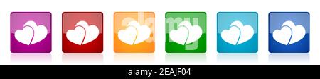 Zwei Herzen, Valentinstag Icon Set, quadratische Hochglanz-Vektor-Tasten in 6 Farben Optionen für webdesign und mobile Anwendungen Stock Vektor