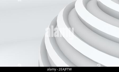 Weiße runde Elemente. 3d-Rendering einer sphärischen Form mit Wellen. Computergenerierter abstrakter Hintergrund. Stockfoto